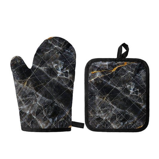 Black Grey Marble Print Oven Mitt And Pot Holder Set