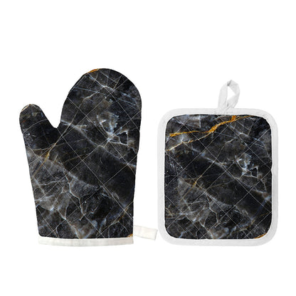 Black Grey Marble Print Oven Mitt And Pot Holder Set