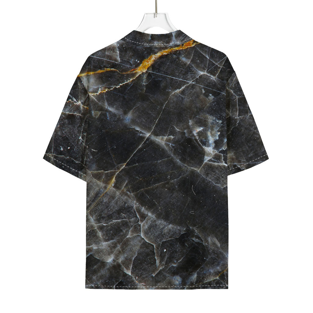 Black Grey Marble Print Rayon Hawaiian Shirt