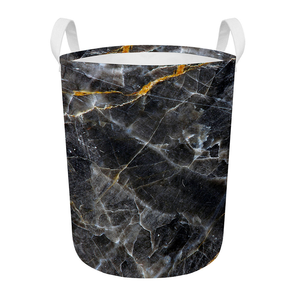 Black Grey Marble Print Round Laundry Basket