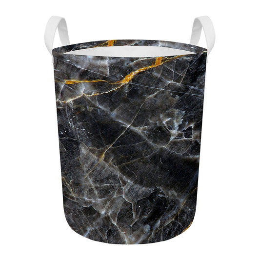 Black Grey Marble Print Round Laundry Basket