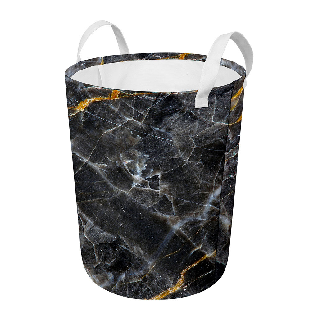 Black Grey Marble Print Round Laundry Basket