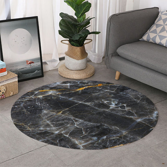 Black Grey Marble Print Round Rug