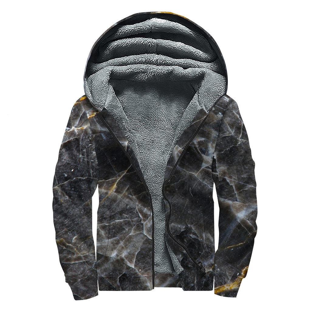 Black Grey Marble Print Sherpa Lined Zip Up Hoodie