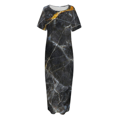 Black Grey Marble Print Short Sleeve Long Nightdress