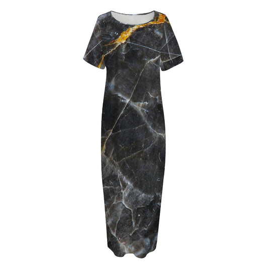 Black Grey Marble Print Short Sleeve Long Nightdress