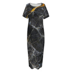 Black Grey Marble Print Short Sleeve Long Nightdress