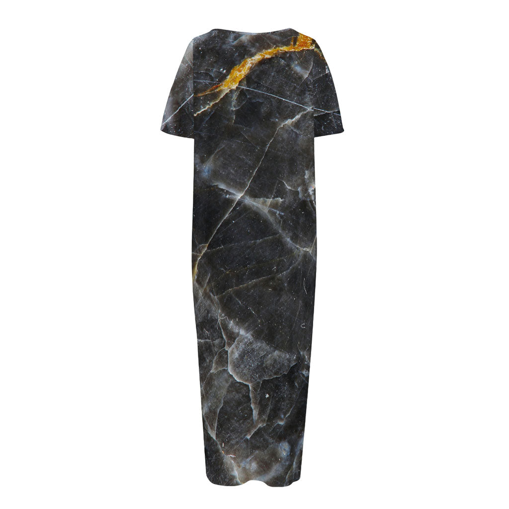 Black Grey Marble Print Short Sleeve Long Nightdress