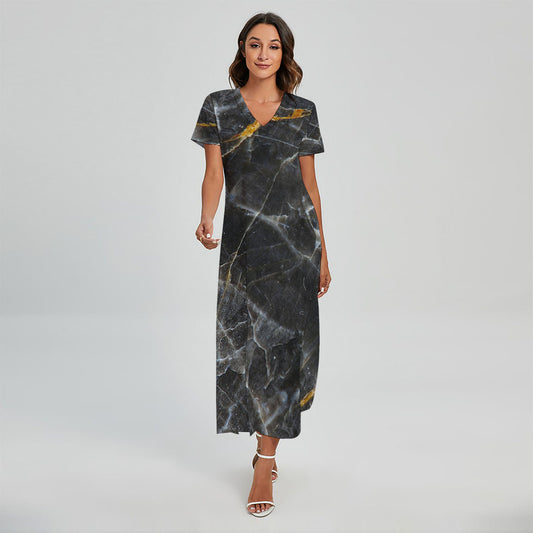 Black Grey Marble Print Short Sleeve Maxi Dress