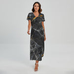 Black Grey Marble Print Short Sleeve Maxi Dress