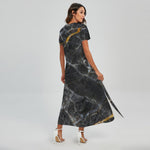 Black Grey Marble Print Short Sleeve Maxi Dress