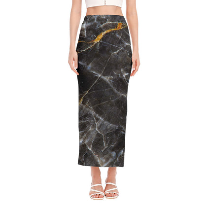 Black Grey Marble Print Side Slit Maxi Skirt