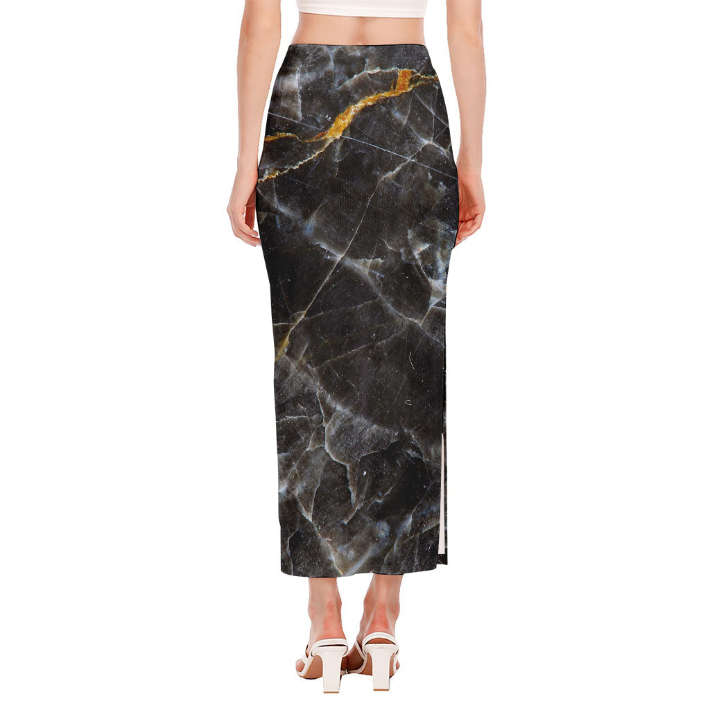Black Grey Marble Print Side Slit Maxi Skirt