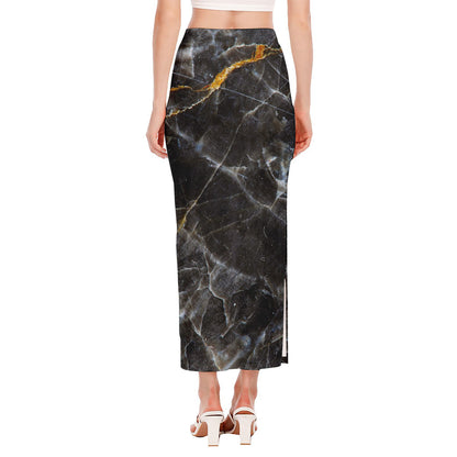 Black Grey Marble Print Side Slit Maxi Skirt