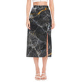 Black Grey Marble Print Side Slit Midi Skirt
