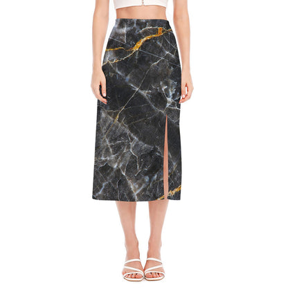 Black Grey Marble Print Side Slit Midi Skirt