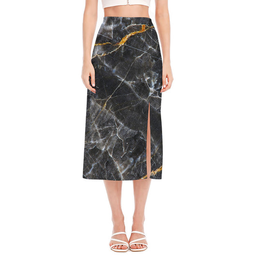 Black Grey Marble Print Side Slit Midi Skirt
