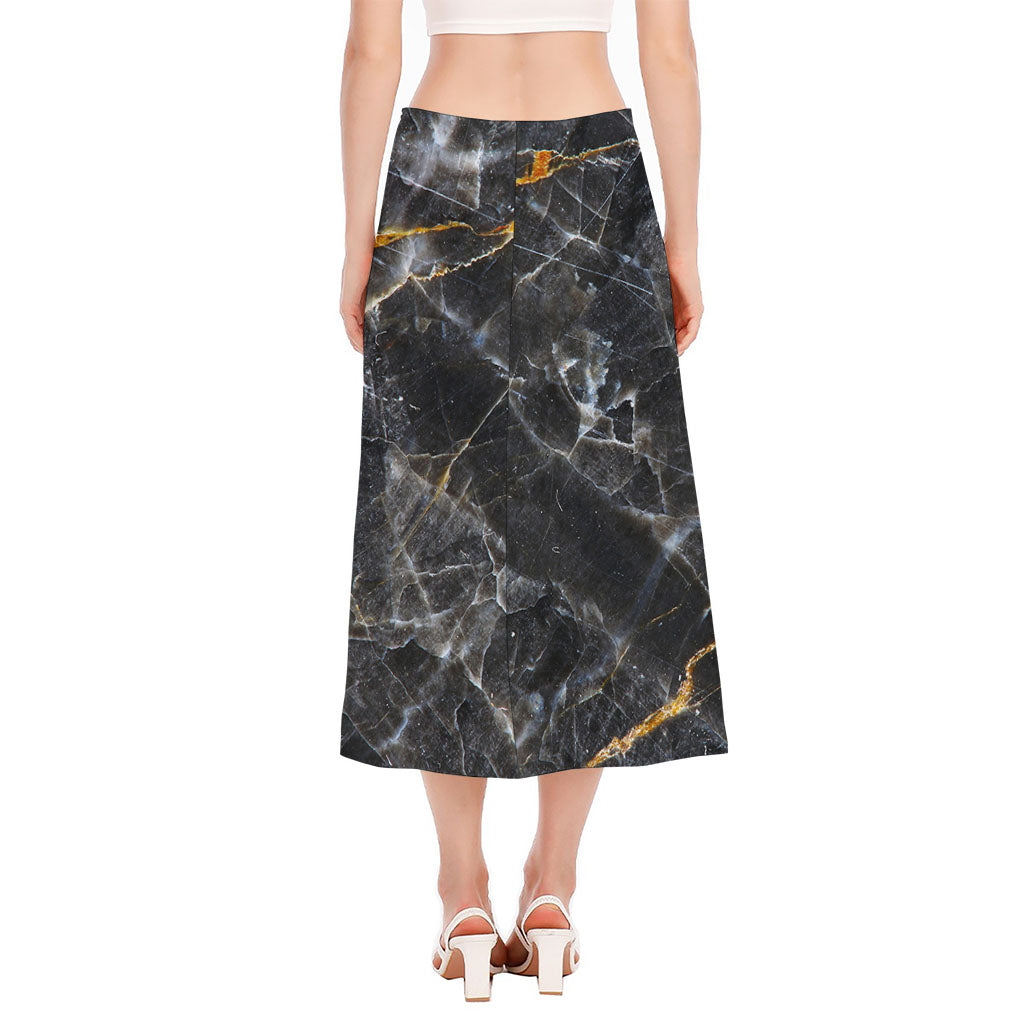 Black Grey Marble Print Side Slit Midi Skirt