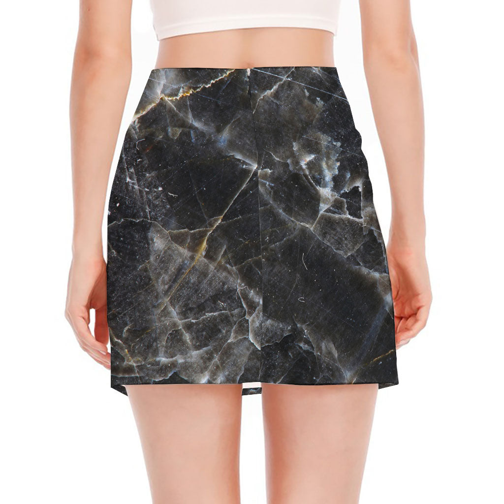 Black Grey Marble Print Side Slit Mini Skirt