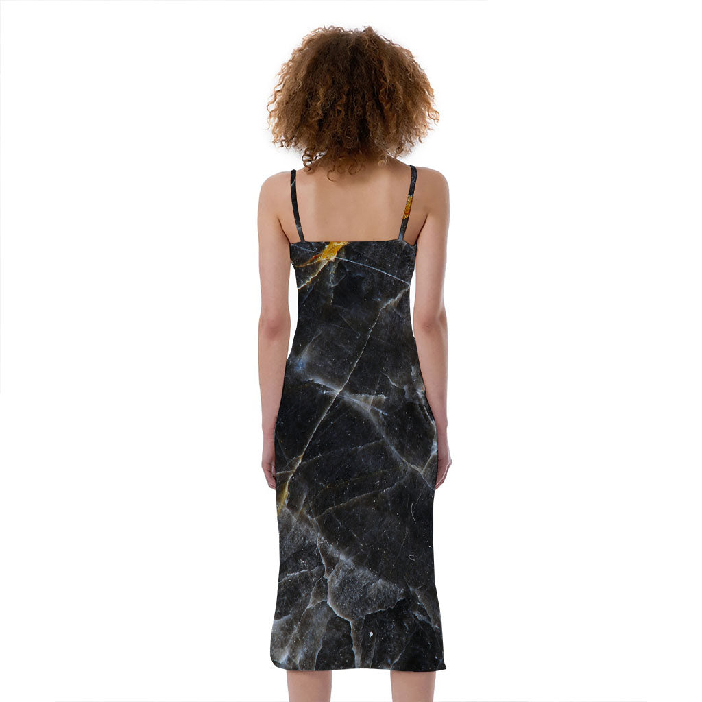 Black Grey Marble Print Slim Fit Midi Cami Dress