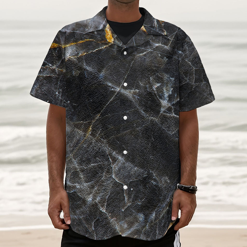 Black Grey Marble Print Textured Short Sleeve Shirt