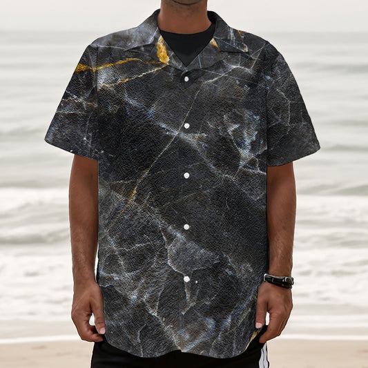 Black Grey Marble Print Textured Short Sleeve Shirt