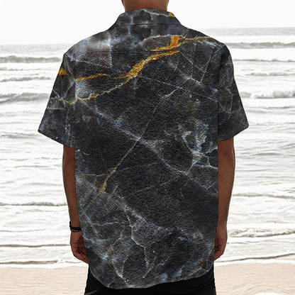 Black Grey Marble Print Textured Short Sleeve Shirt