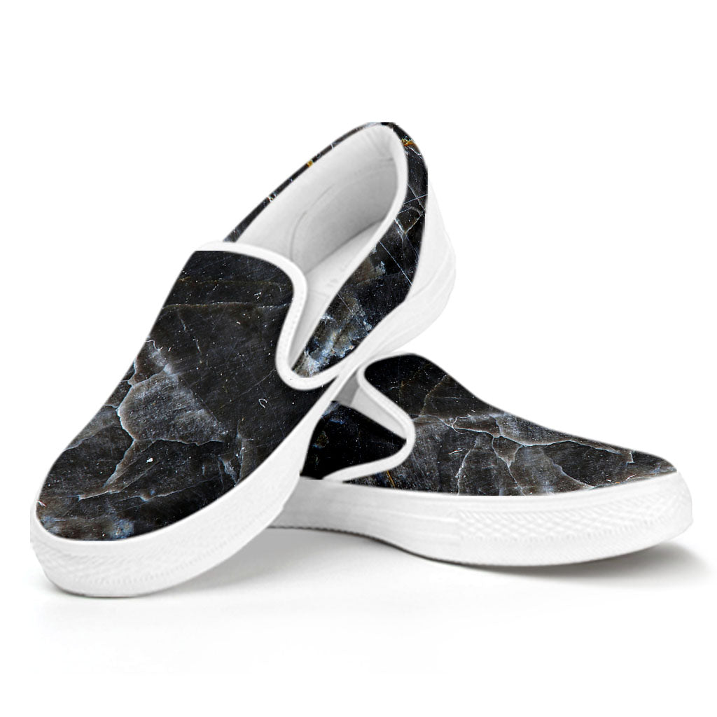 Black Grey Marble Print White Slip On Sneakers