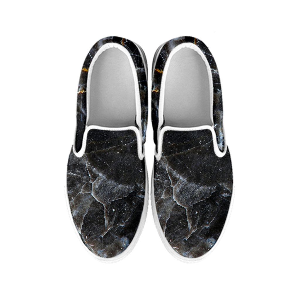 Black Grey Marble Print White Slip On Sneakers