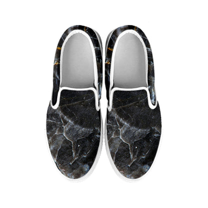 Black Grey Marble Print White Slip On Sneakers