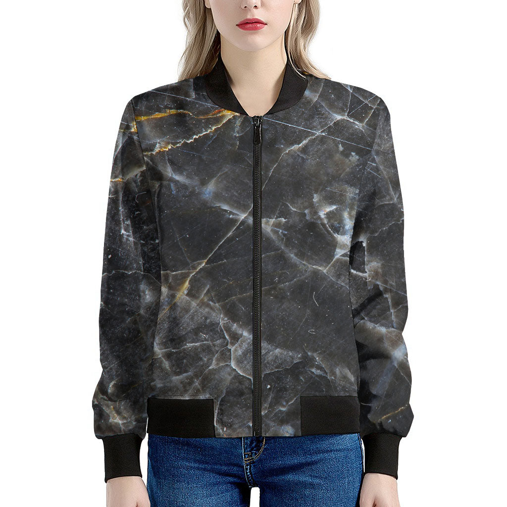 Black Grey Marble Print Women's Bomber Jacket