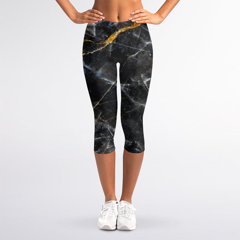 Black Grey Marble Print Women's Capri Leggings