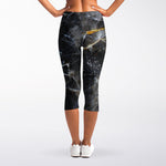 Black Grey Marble Print Women's Capri Leggings