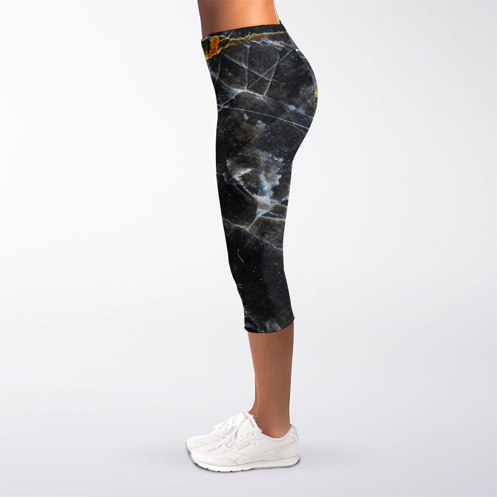 Black Grey Marble Print Women's Capri Leggings