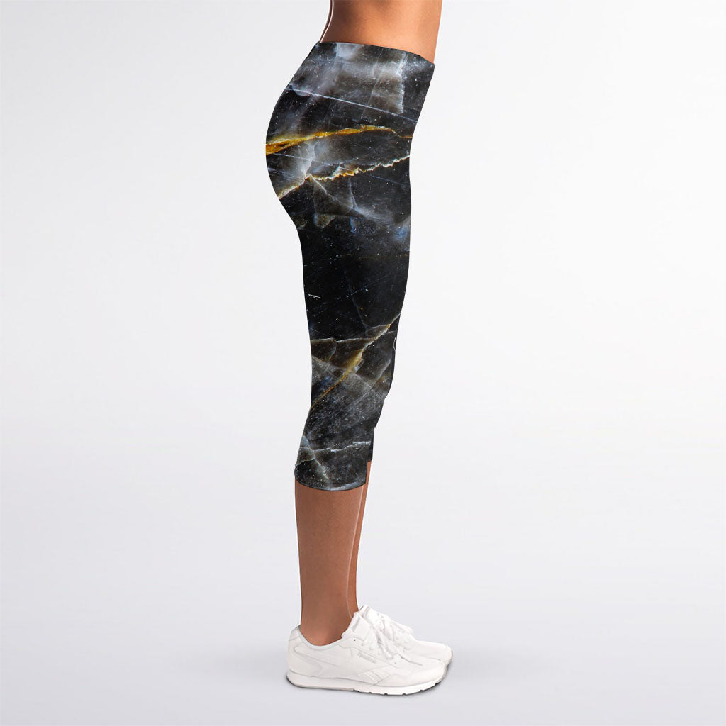 Black Grey Marble Print Women's Capri Leggings