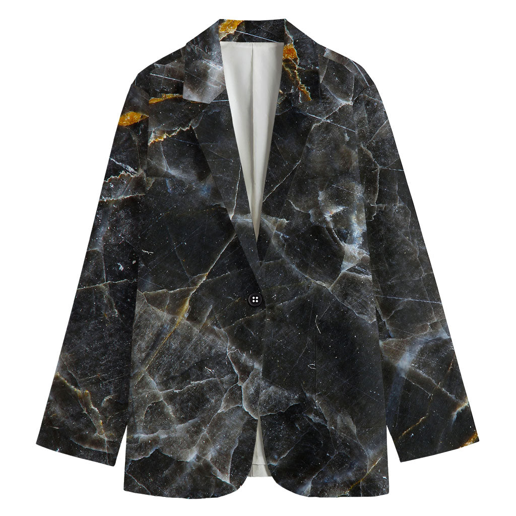 Black Grey Marble Print Women's Cotton Blazer
