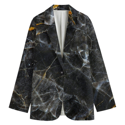 Black Grey Marble Print Women's Cotton Blazer