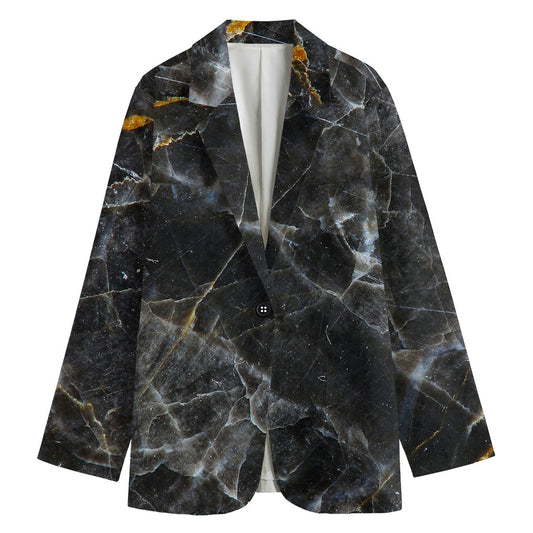 Black Grey Marble Print Women's Cotton Blazer