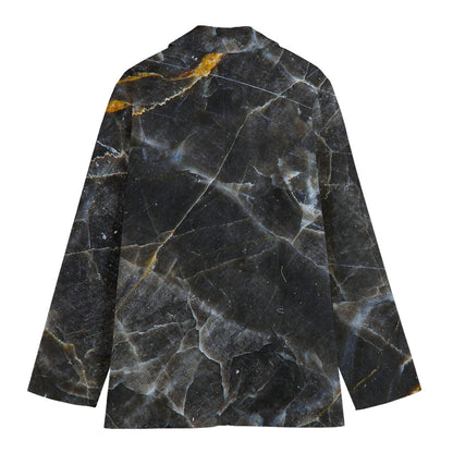 Black Grey Marble Print Women's Cotton Blazer