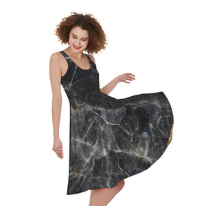 Black Grey Marble Print Women's Sleeveless Dress