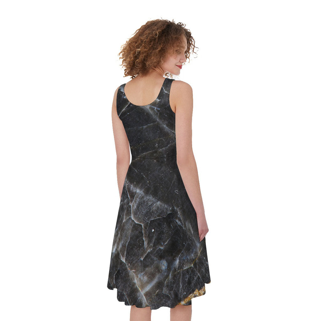 Black Grey Marble Print Women's Sleeveless Dress