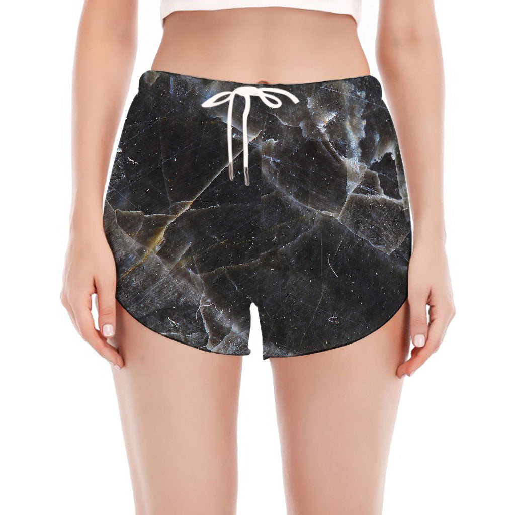 Black Grey Marble Print Women's Split Running Shorts