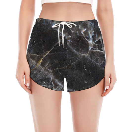 Black Grey Marble Print Women's Split Running Shorts