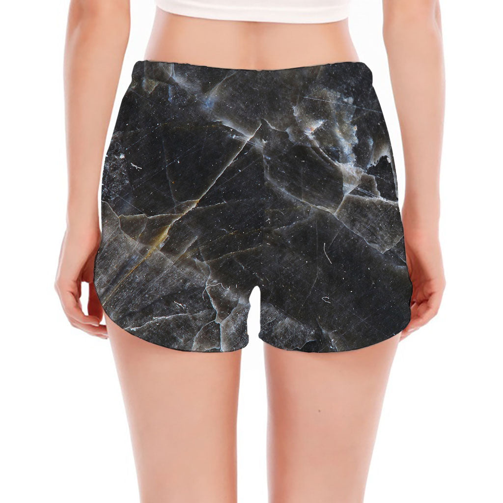 Black Grey Marble Print Women's Split Running Shorts