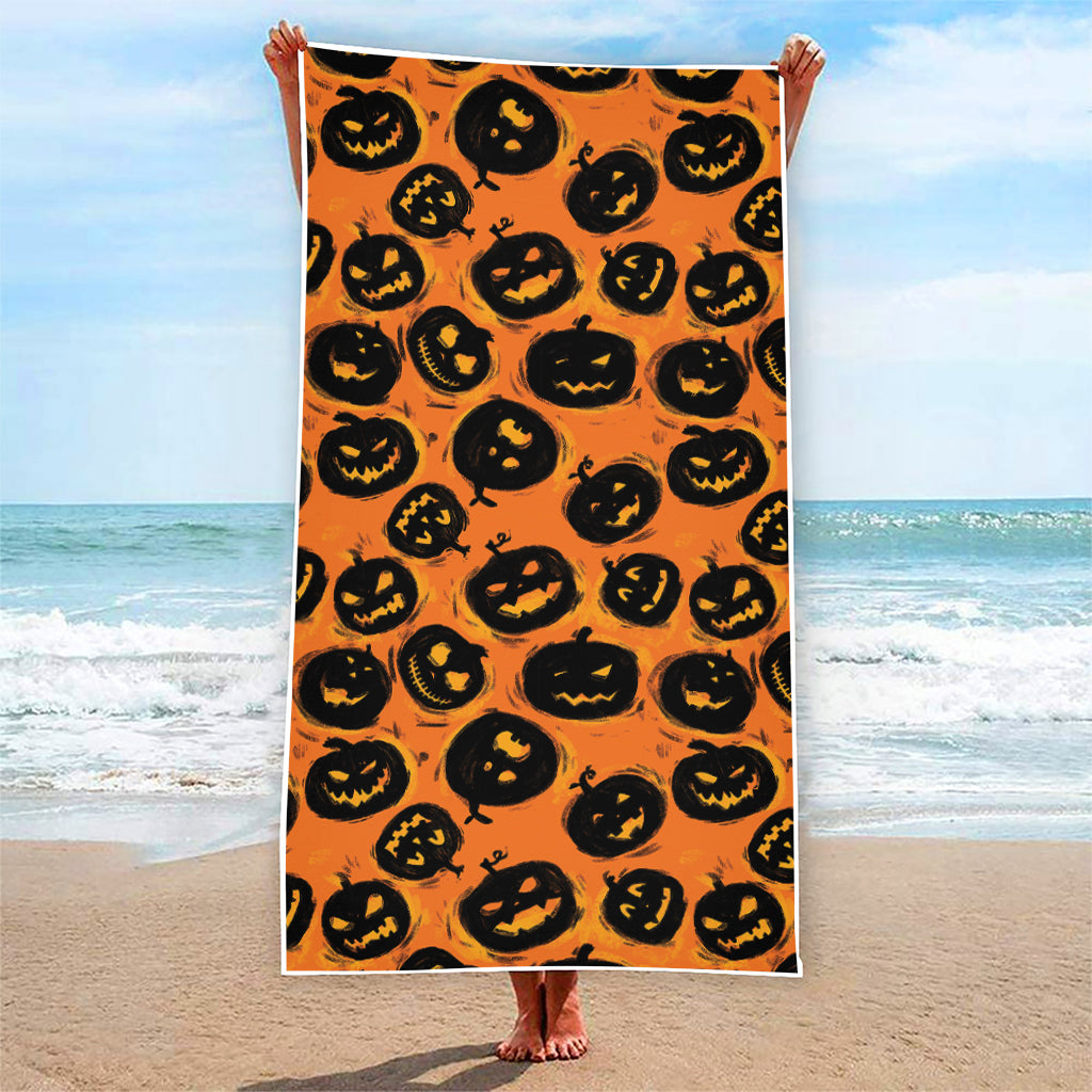 Black Halloween Pumpkin Pattern Print Beach Towel