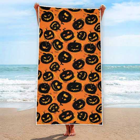 Black Halloween Pumpkin Pattern Print Beach Towel