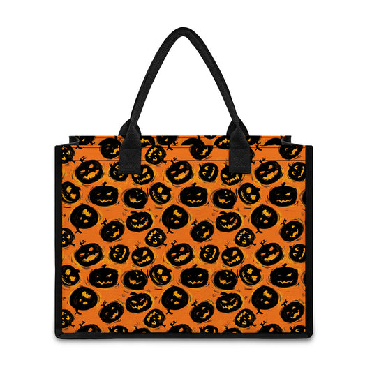 Black Halloween Pumpkin Pattern Print Canvas Tote Bag