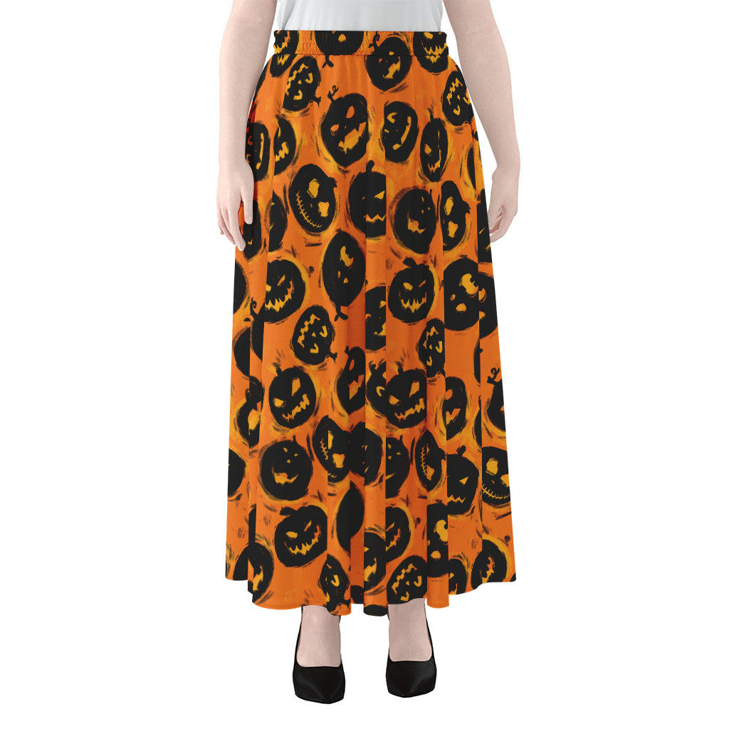 Black Halloween Pumpkin Pattern Print Chiffon Maxi Skirt