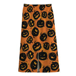Black Halloween Pumpkin Pattern Print Cotton Front Slit Maxi Skirt