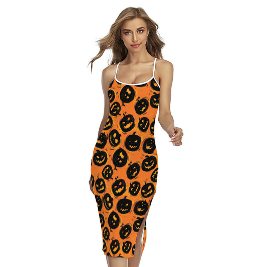 Black Halloween Pumpkin Pattern Print Cross Back Cami Dress